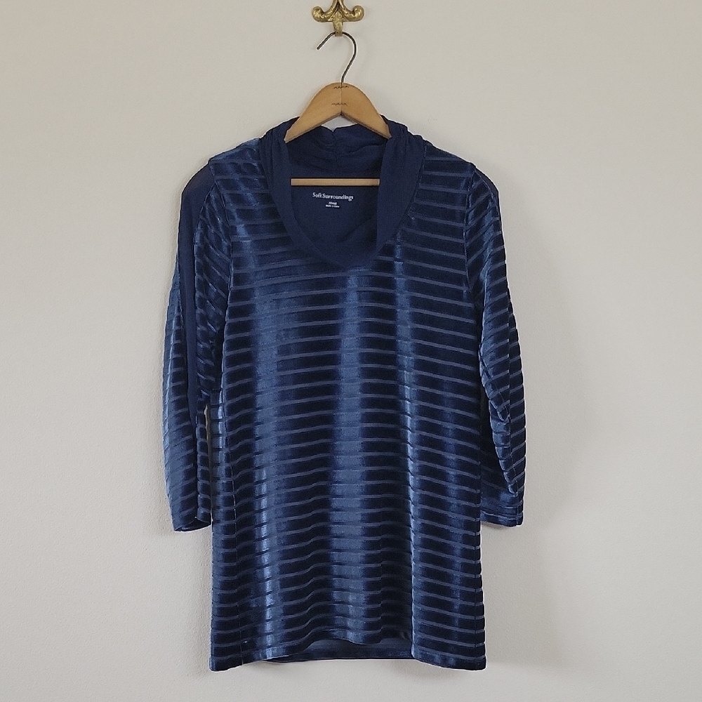 Soft Surroundings Navy Blue Meri Velvet Striped Top Size XS - Picture 2 of 7